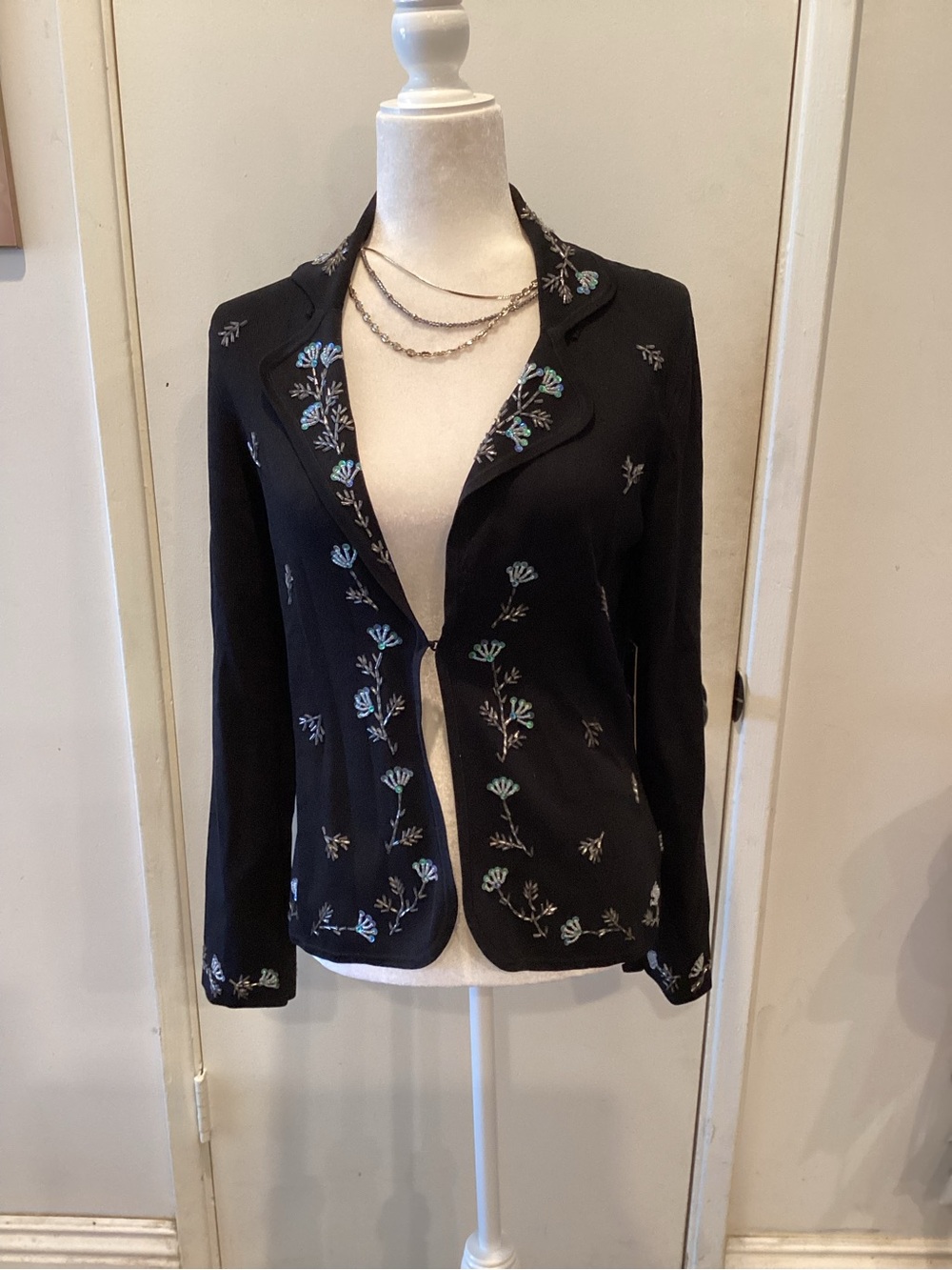 BCBGMaxAzria Black Blazer with Blue-Green Floral Embroidery